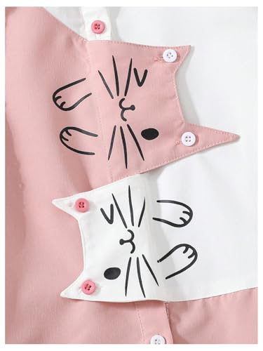SweatyRocks Girl's Cute Cat Print Button Down Shirts Color Block Blouse Summer Tops4