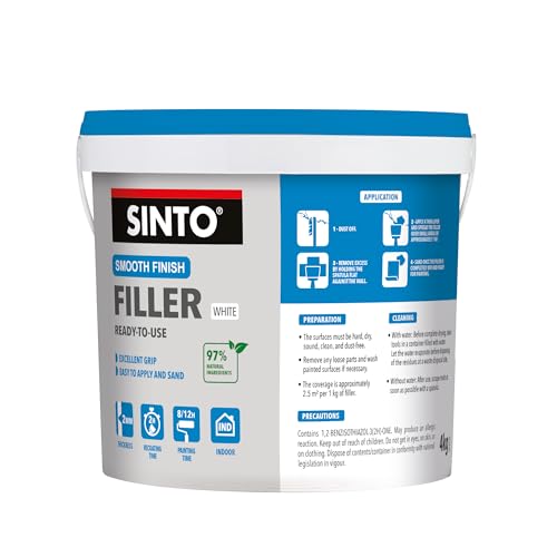 Sinto – Recubierto de alisado de pasta – elimina las imperfecciones pequeñas y grandes, listo para usar, uso interior, técnica profesional – Cubo de 4 kg