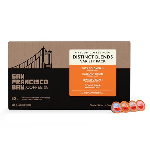 Image of San Francisco Bay K-Cup Coffee Pods Distinct Assortment Variety Pack (80 ct), Includes 100% Colombian, Espresso Roast, Donut Shop, & Hazelnut Creme, Commercially Compostable Single-Serve Coffee Pods