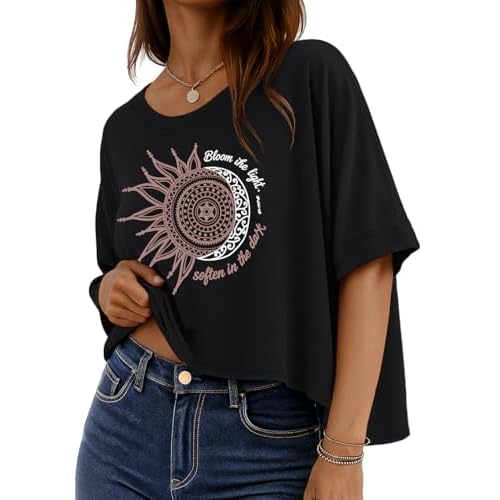 rosemia Oversized Tshirts for Women Summer Graphic Half Sleeve Crop Tops Casual Blouses, Black Sun Moon, S