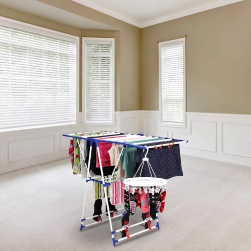 Image of Happer Mild Steel Cloth Drying Stand | Winsome | 8 Hangers | 4 Shoe Holders | 40 Feet Drying Space (White & Blue)