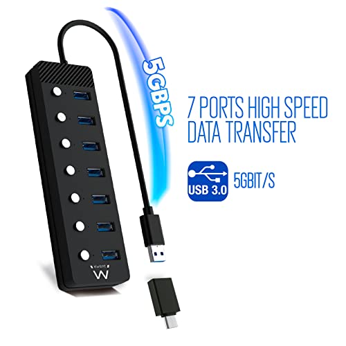 Ewent EW1147 Hub Usb 3.2 Gen1, Ciabatta Multipresa Usb, Sdoppiatore Usb, 7 Porte Con Singoli Interruttori On/Off E Spie Led, Per PS4/PS5, Pc, Laptop, Chiavetta Usb, Stampante, Macbook, Cavo Lungo 1,2M - 6