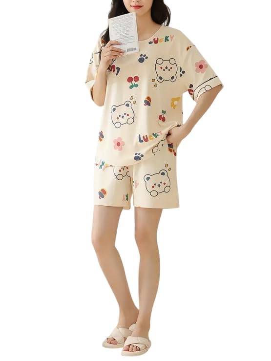 Girls Soft Cotton Night Suit Set with Half Sleeve Top and Printed Capri Bottom, Comfortable Lightweight Sleepwear for Women, Stylish Home Wear for Daily Relaxation