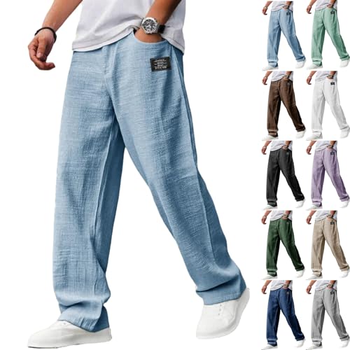 Mokolaha Men's Casual Hemp Pants, Drawstring Elastic Waist with Pockets, Relaxed Fit Embroidered Logo Trousers for Men