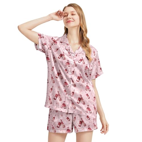 Image of Funny Satin Pajamas Set for Women Button Down Sleepwear Print Pjs Set 2 Piece Short Sleeve Loungewear Gift for Women