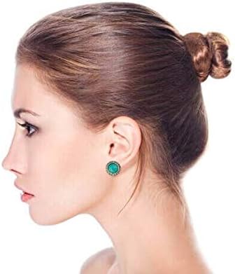 Boho Bali Button Style Two Tone Simulated Gemstones Dome Clip On Earrings For Women Non Pierced Oxidized Silver Plated