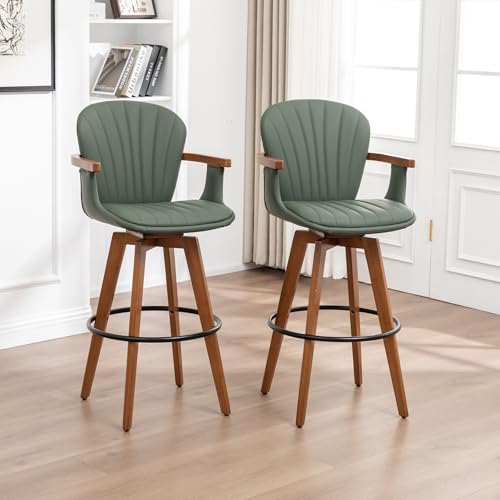 Image of LUNLING 26 inch Counter Height Stools Set of 3.Mid Century Modern Bar Stools,Green PU Leather Kitchen Island Stools,Wood High Barstools Swivel with Back and Arms for Home Bar Furniture