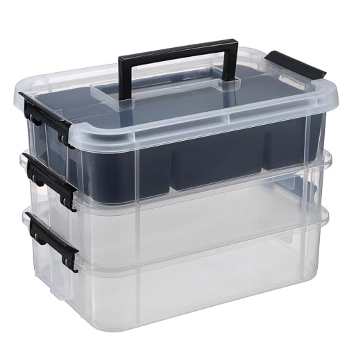 JUXYES 3-Tiers Stack Carry Storage Box With Divided Tray, Transparent Stackable Storage Bin With Handle Lid Latching Storage Container for School & Office Supplies, Black