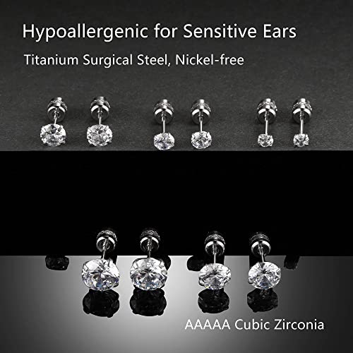 Titanium Surgical Steel Cubic Zirconia Screw Back Stud Earrings for Women Men Multipack Small Dainty Simulated Diamond CZ Studs Earring Set Hypoallergenic for Sensitive Ears Lobe Cartilage Helix4