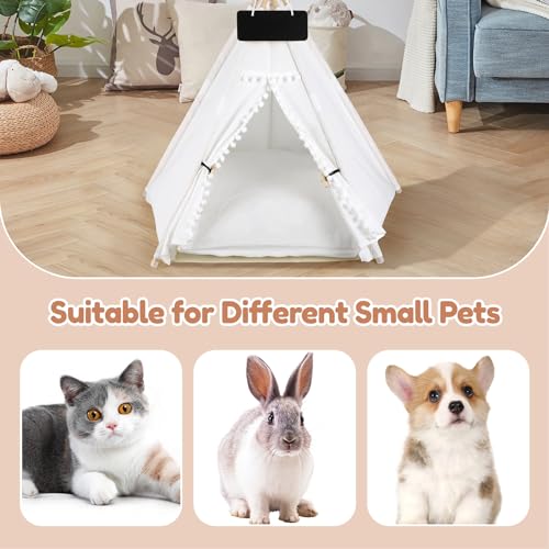 Pet Teepee for Cats Dogs - 20 x20 x 24in Cat Teepee with Thick Cushion for Cats Dogs Rabbits, Washable Dog Tent with Blackboard, Indoor Pet House for Puppies, White