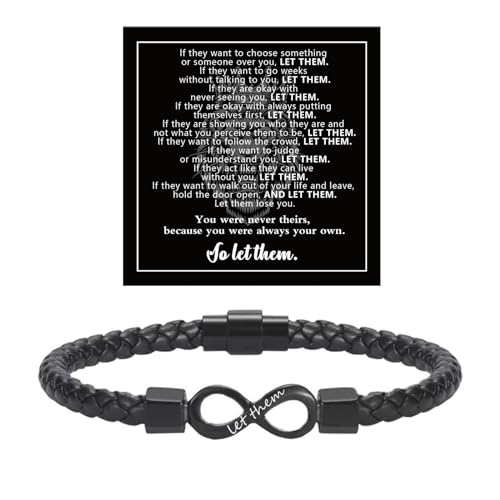 Let Them Infinity Leather Bracelet, Self Worth Motivation Bracelet Stainless Steel Black Braided Leather Bangle Bracelets Handmade Engraved Inspirational Friendship Jewelry Gift for Men
