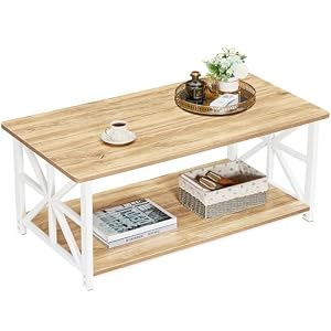 GreenForest Table Basse,Moderne de Salon,avec 2 Niveaux Rangement,X-Frame Métallique Pieds et Tray Design, Rectangulaire, Beige