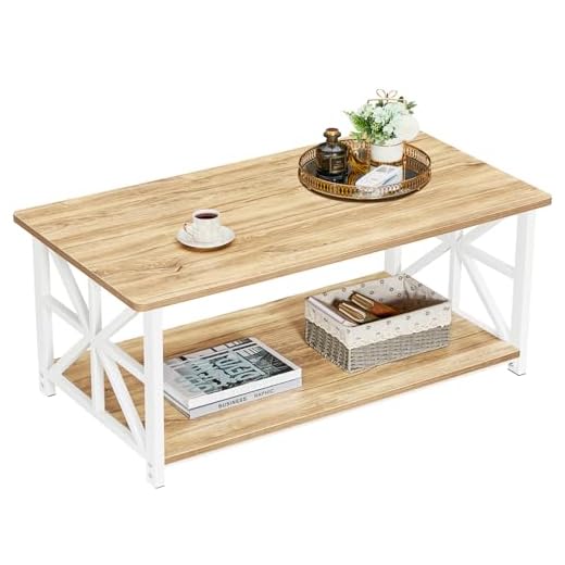 GreenForest Coffee Table with 2-Tier Storage,100 cm Living Room Table with Round Corner, Center Table with X-Frame Design for Home Office,Oak