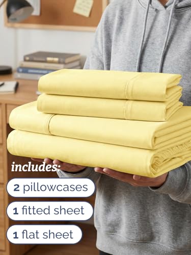 Image of Twin XL 4 Piece Sheet Set - College Dorm Room Essentials - Yellow | Ultra Soft Dorm Bedding Set, 8 inch to 16 inch Inch Deep Pockets, 1 Flat & 1 Fitted Sheet & 2 Pillowcases, Wrinkle & Fade Free