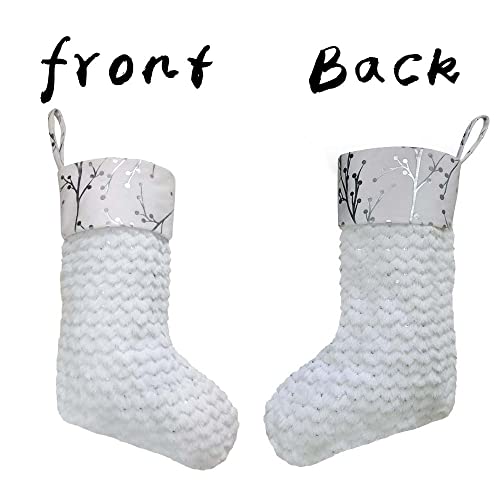 Vanteriam 2Pcs White Faux Fur Christmas Stockings, 20 Inch Large White Plush Faux Fur With Glitter Silver Berries And Sequins Snowy Xmas Hanging Stockings For Holiday Decoration Pack Of 2 #TOP2