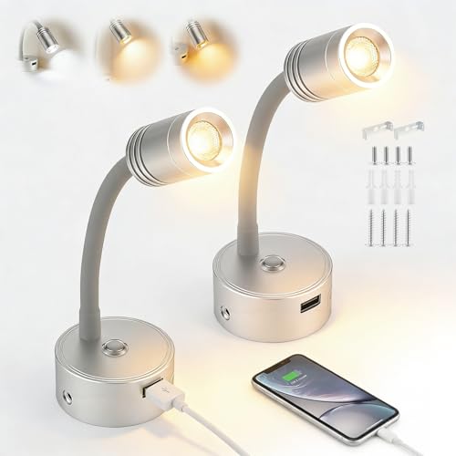 2pcs lampes de lecture LED pour camping-cars, applique murale à intensité variable, lampe de chevet 12V avec port de chargement USB, pour camping-cars,...