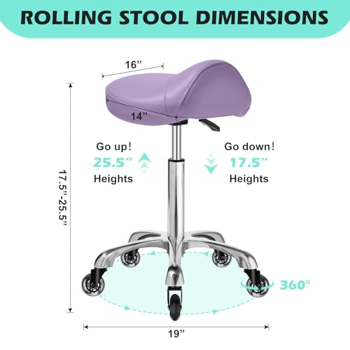 Image of Saddle Stool Chair with Wheels, Ergonomic Thicker Saddle Seat Design for Healthy Sitting Posture, PU Leather, Rolling Saddle Stool with Silent Rubber Wheels Adjustable for Salon Massage Home, Purple