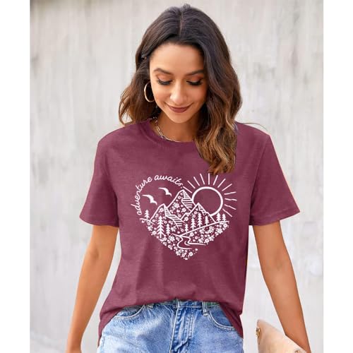 Adventure Awaits T-Shirt Women Outdoor Graphic Tee Shirt Nature Hiking Camping Tee Shirts Travel Shirt Purple by RDOCPTCIL - Used condition - Image 2