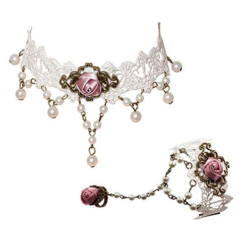 JJDreams White Choker Lace Necklace with Bracelet set Lolita Victorian Necklace Bracelet,A Cover