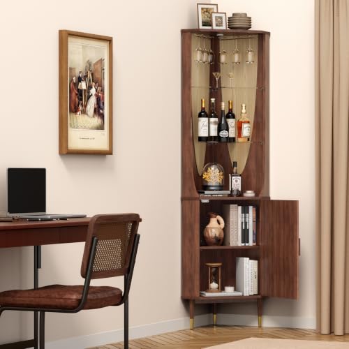 Image of JOINICE Tall Corner Bar Cabinet for Liquor,Mid-Century Modern,Walnut,70 inch