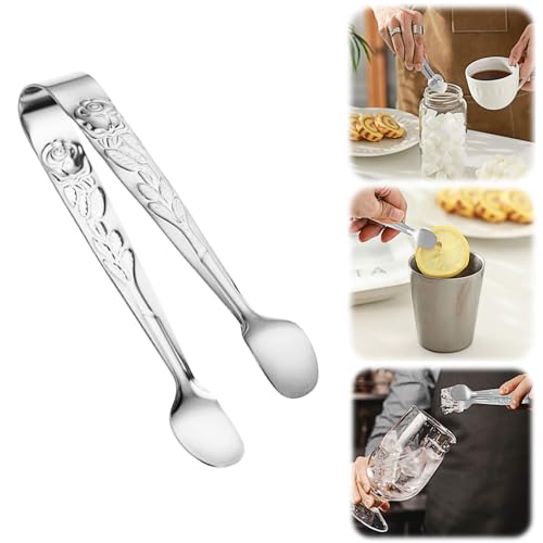 Pince à sucre vintage avec poignée en forme de rose - En acier inoxydable - Pinces à glaçons - Petites pinces à sucre pour thé et café, apéritifs, desserts, cuisine, bar (argenté)