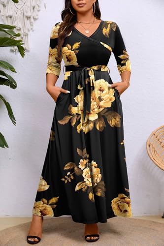 Image of Runwind Plus Size Dress for Women - 3 /4 Sleeve V Neck Maxi Dresses for Women (XL-6XL)