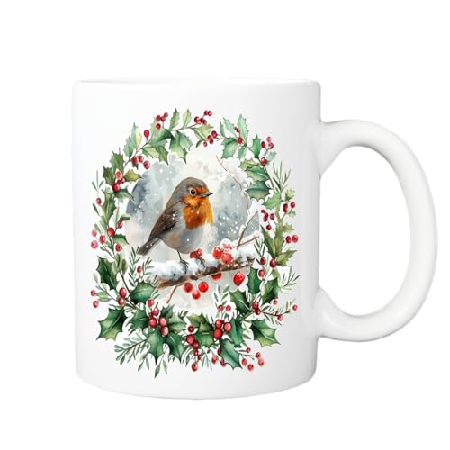 Pickhut Mug de Noël rouge-gorge – Tasse à café et à thé festive avec motif couronne de houx d'hiver – Tasse en céramique – Cadeau pour homme, femme, Père Noël secret, cadeau de Noël, décoration