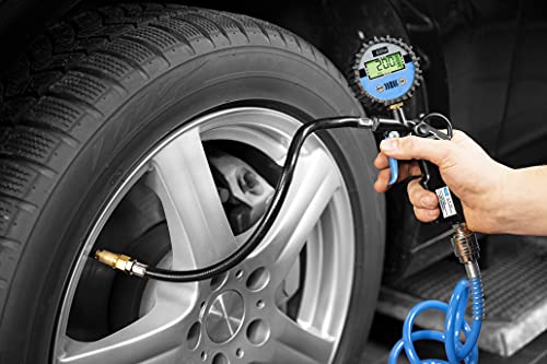 Güde Digitaler Reifenfüller 11 E (Arbeitsdruck max. 7 bar, 4-stellige Digitalanzeige in bar, psi, kPa, kgf/cm², Automatikabschaltung, Anschlussnippel, Luftablassventil, Ventilstecker, Test GUT)