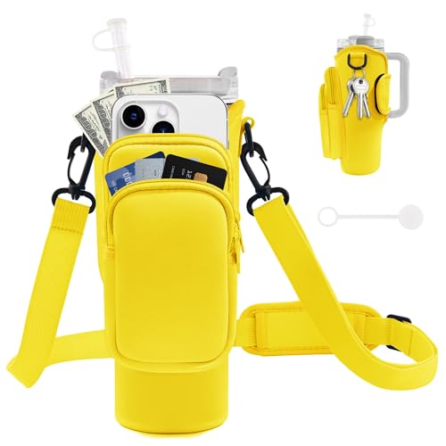 Image of Water Bottle Carrier Bag with Phone Pocket for Stanley Cup 40 /30 oz, Water Bottle Holder with Adjustable Strap& Straw Cover, Stanley Cup Accessories (Yellow)