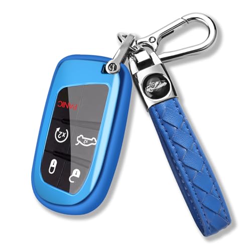 QBUC for Jeep Key Fob Cover with Keychain Soft TPU Protection Case Compatible with 2014-2023 Grand Cherokee Chrysler Renegade Compass Altitude High Altitude Latitude Limited Trailhawk Upland (Blue)