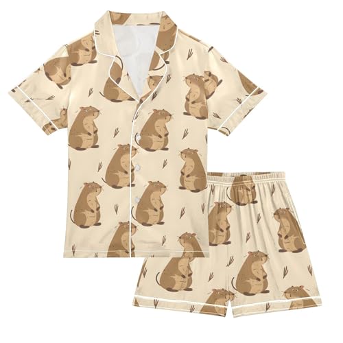 ALAZA Cute Capybara Funny Pajamas Satin Pajama Set Short Sleeve Button Down Sleepwear