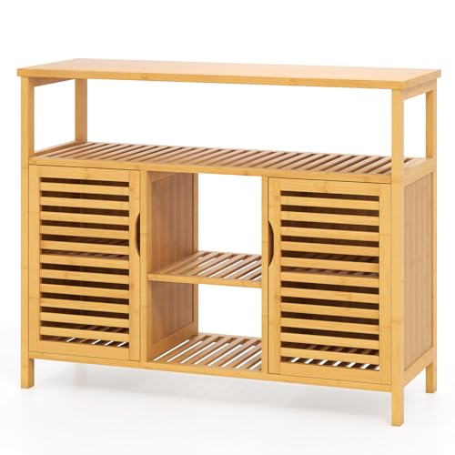 Giantex Bamboo Bathroom Storage Cabinet, 2-Door Storage Organizer with Shelves, Freestanding Floor Cabinet, Slatted Bamboo Home Furniture for Living Room Entryway Kitchen Dining Room, Natural