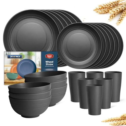 Teivio 24-Piece Kitchen Plastic Wheat Straw Dinnerware Set, Service for 6, Dinner Plates, Dessert Plate, Cereal Bowls, Cups, Unbreakable Plastic Outdoor Camping Dishes, Black