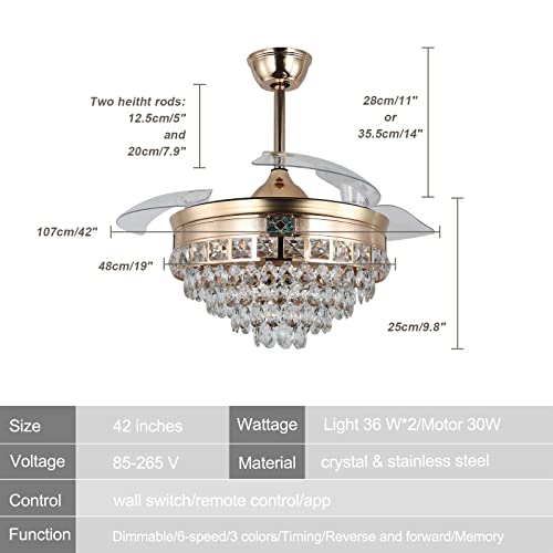 diisunbihuo 42" Gold Crystal Fandelier with Lights Dimmable LED - image 3