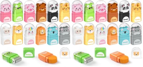 Image of Sooez 24 Pack Pencil Erasers, Cute Animal Eraser with Clean up Roller and Cover, Latex-Free, Bulk Art Drawing Erasers for Students & Teacher Classroom /School Supplies, Party Favor