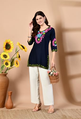 Image of LIBOZA Embroidered Kashmiri Tunic Top, Short Kurti for Women on Jeans, V-Neck, 3 /4 Sleeve, Floral Design,