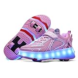 Junge Mädchen Schuhe Kinderschuhe mit 4 Rollen LED Leuchtend Doppelrad Schuheltraleicht Outdoor Schuhe 7 Farbe Farbwechsel Rädern LED Blinkend Rollenschuhe mit Automatisch Verstellbares Räder Sneaker