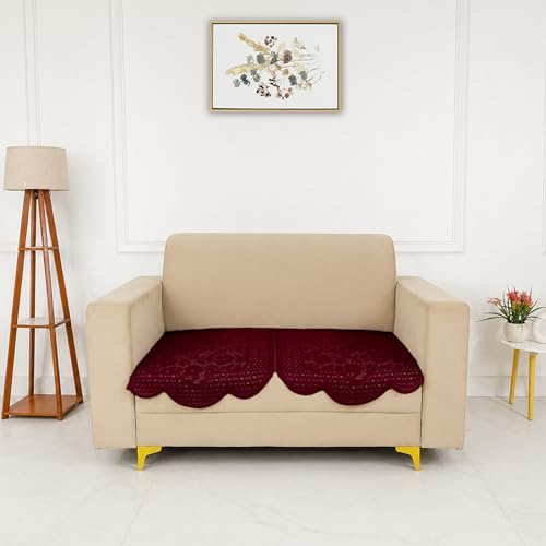 Image of Homerz Premium 'Surya Series' Sofa Cover | Stylish Sofa Protector | Net Fabric | Anti-Stain & Washable Slip Cover Exact Size Antislip (Flower Valley Maroon, 2 Seater, Only Seat Cover)