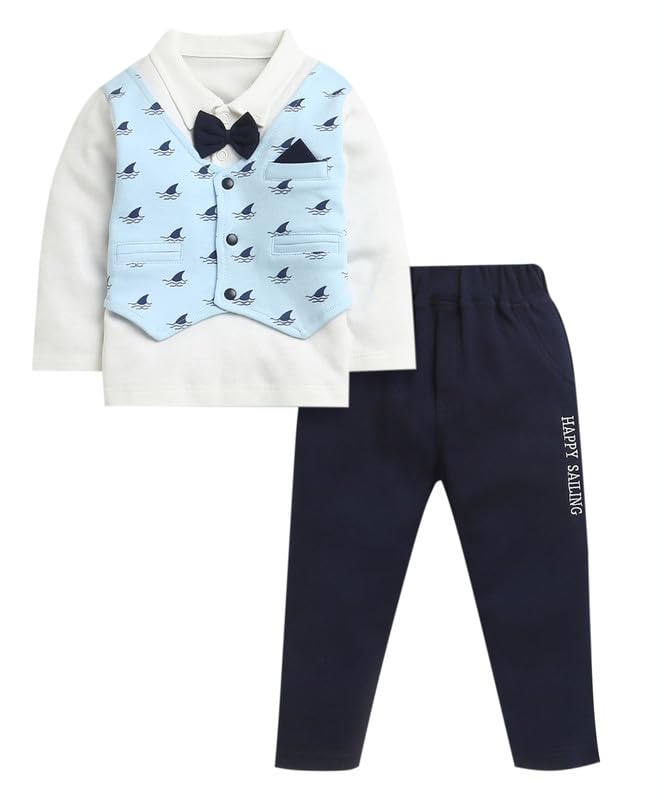 BUMZEE Baby Boys Regular Fit Full Sleeve Collare Collo Cotone Formale Set Con Fiocco Attaccato & Gilet