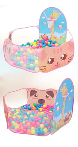 Image of BabyGo Kids Giraffe Basketball Ball Pool for Kids, Play Tent House for 2+ Year Old Girls and Boys, Ball Pit for Kid, Spacious, Lightweight, Portable & Easy to Set Up, (Pink) (with 30 Balls)