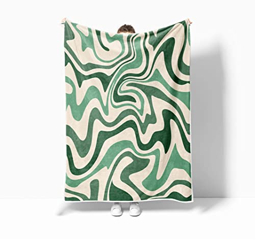 Aesthetic 70S Abstract Wavy Swirl Throw Blanket, Cute Sage Green Blankets And Throws For Bed, Retro Boho Minimal Sofa And Couch, Groovy Blankets For Girls And Boys Kids, Bedding Accessories, 50X60In #TOP2