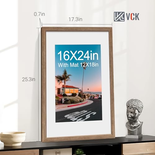 Image of VCK 16x24 Picture Frame 5 Pack, Walnut Wood, 12x18 Mat, for Wall Art