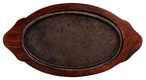 Image of REMARKABLE Iron Sizzler Plate with Wooden Base | Dessert Ovel Serving Platter with Handles | Brownie Sizzler Tray for Cake | Sizzling Brownie Plate | Hot Sizzling Plate | 13 inch | Set of 3