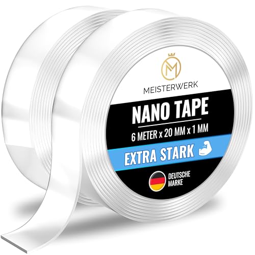 MEISTERWERK - Doppelseitiges Nano-Klebeband [EXTRA STARK] - Klebstofffrei & Spurlos dank Gecko-Effekt I Rutschfest - Waschbar & Wiederverwendbar