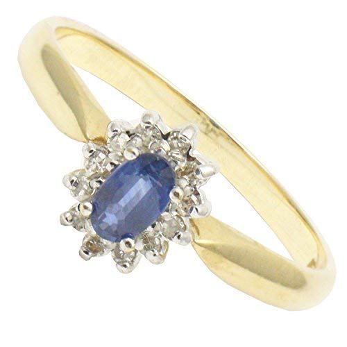 Bague en or jaune 9 carats saphir naturel et diamant serti taille P