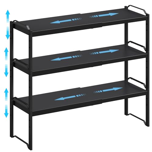 Image of X-cosrack 25.5 Inches 3 Pack Expandable Cabinet Shelves, Stackable Shelf Organizer for Kitchen Cabinet Countertop Storage, Adjustable Counter Cupboard Pantry Organizer Shelf Rack Stand Riser, Black