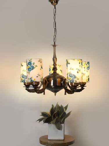 Image of Devansh 05-Light Round Printed Multicolor Cotton Shade Chandelier - Antique Golden Finish | Adjustable Cord | Warm Glow Lamp - Ceiling Light for Living Room, Dining Area, BedroomDecor - D17