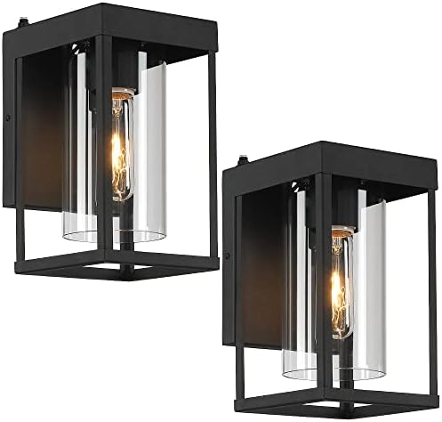 LAMPRESSION 2-Pack Black Outdoor Wall Light Fixtures, Dusk to Dawn Exterior Wall Lantern Sconce, 9" H Outdoor Porch Light Wall Mount with Clear Glass Shade