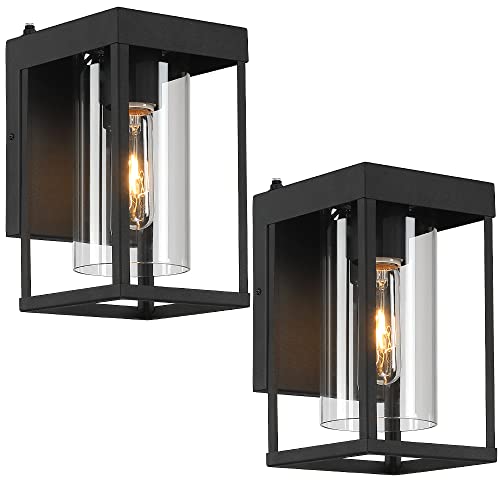 Lampression 2-Pack Black Outdoor Wall Light Fixtures, Dusk To Dawn Exterior Wall Lantern Sconce, 9" H Outdoor Porch Light Wall Mount With Clear Glass Shade #TOP13
