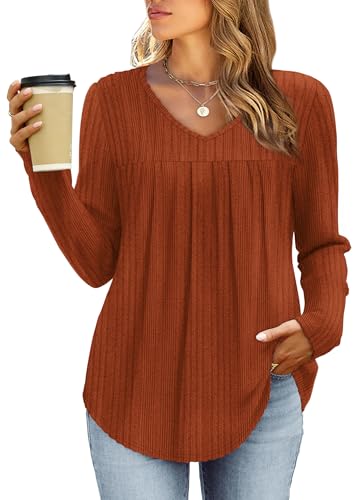 WIHOLL Jumpers for Women UK Sweater V Neck Long Sleeve Tops Ladies Tunic Tops Lightweight Winter Jumpers Caramel L Size 14-16